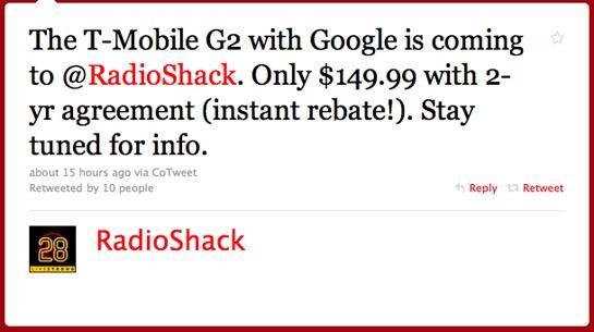 T-Mobile G2 Radio Shack tweet