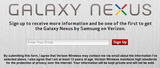 Samsung Galaxy Nexus Verizon sign-up page
