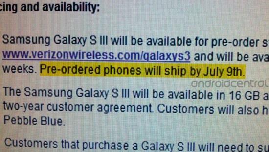 Verizon Samsung Galaxy S III July 9 ship leak