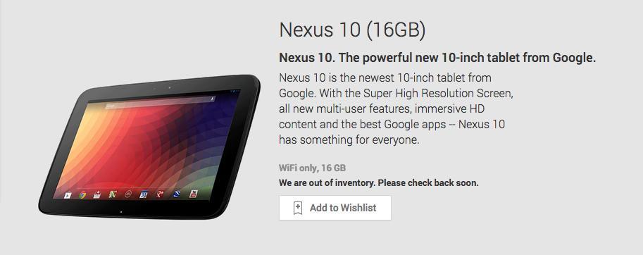 Nexus 10 16GB out of stock Google Play Store