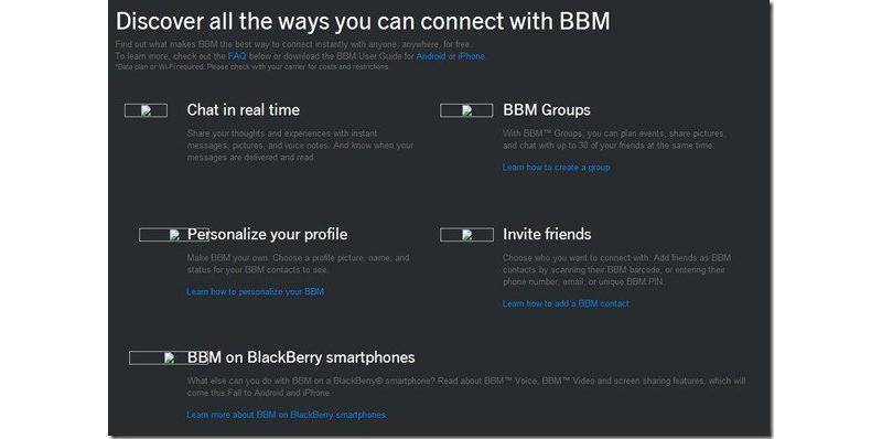 BBM for Android and iPhone landing page features