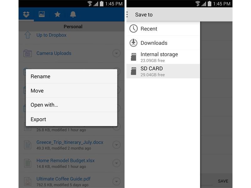 Dropbox for Android update 2.4.5.10 export to SD card