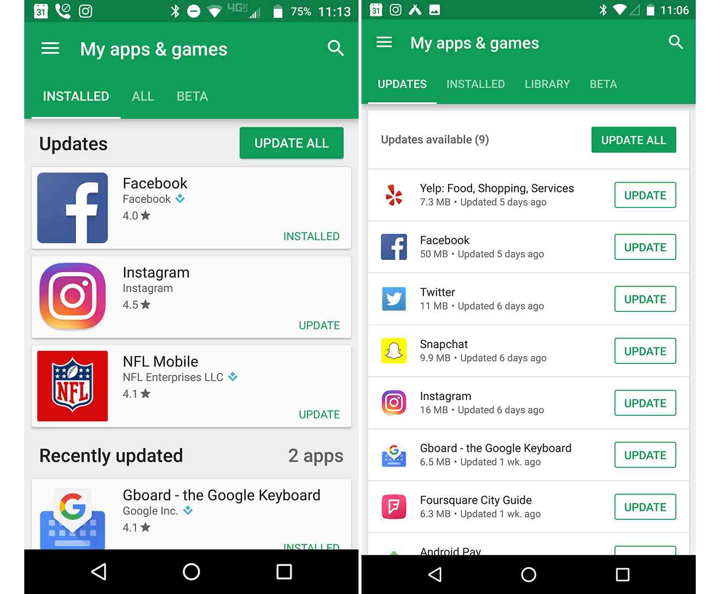 Google Play Store Android My apps & games updated design old new comparison