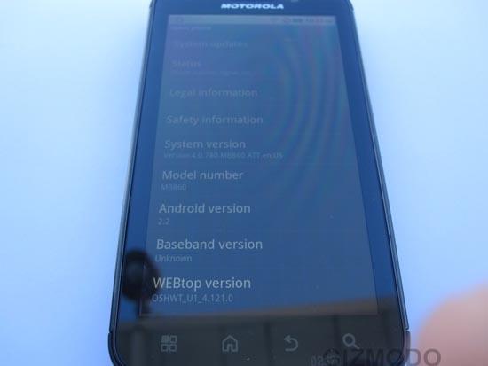 Motorola Olympus about screen