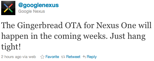 Nexus One Gingerbread tweet