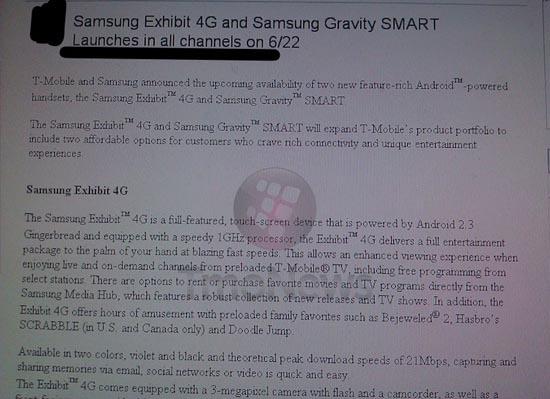 Samsung Exhibit 4G Samsung Gravity Smart launch dates
