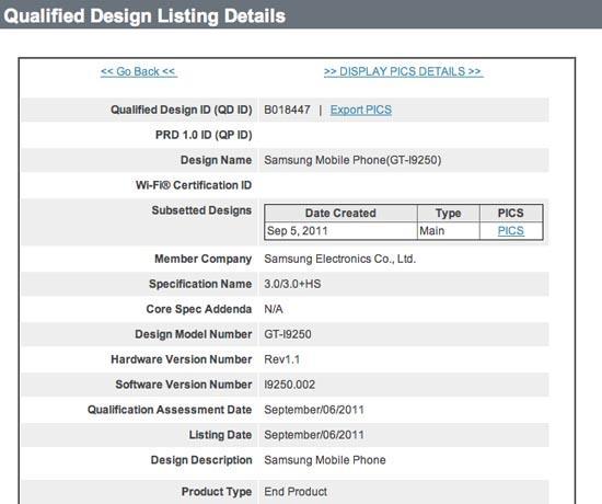 Nexus Prime Samsung GT-i9250 Bluetooth certification