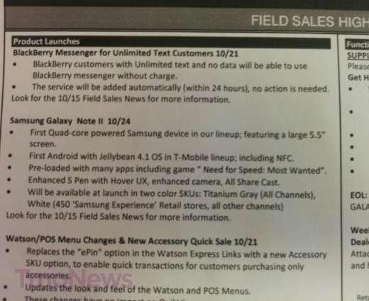 T-Mobile Samsung Galaxy Note II launch date leak