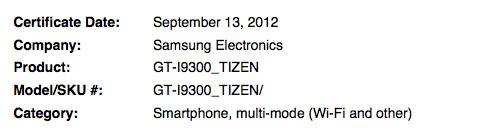 Samsung Galaxy S III Tizen Wi-Fi Alliance certificate, GT-I9300_TIZEN