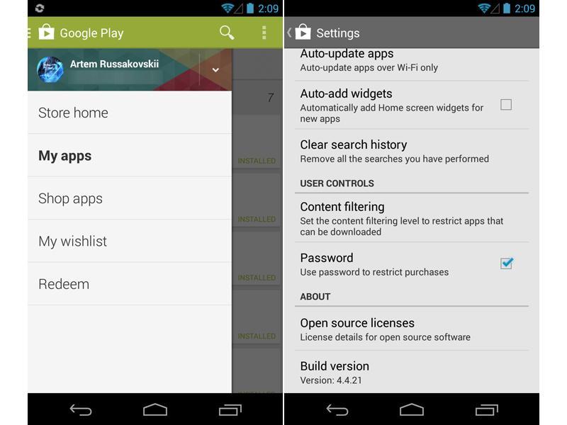 Google Play Store version 4.4.21 slide-out navigation drawer