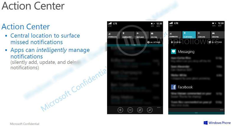 Windows Phone 8.1 Action Center notification panel