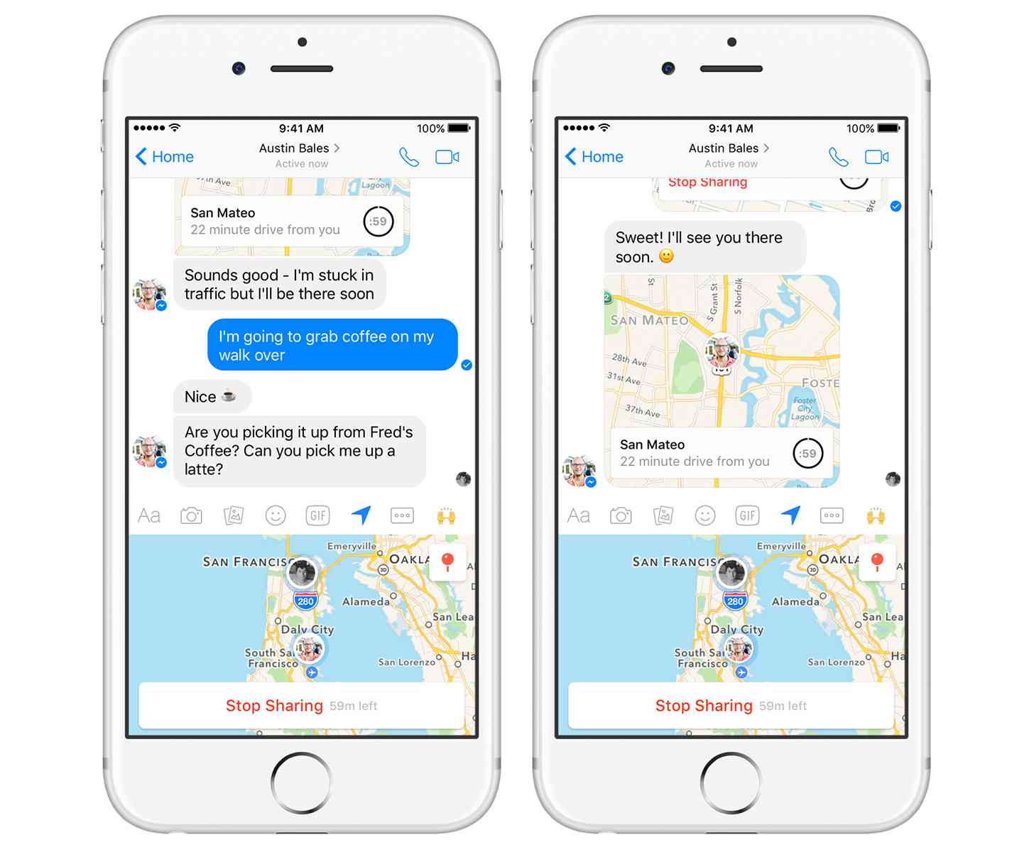 Facebook Messenger Live Location feature screenshots