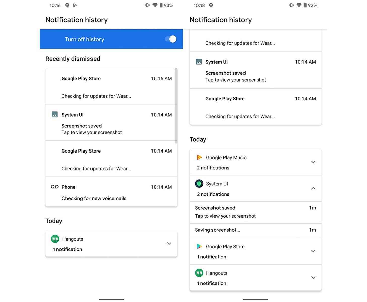 Android 11 DP2 Notification history