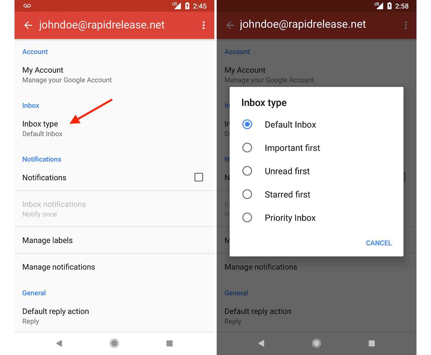 Gmail for Android inbox types